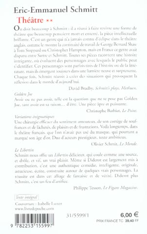 Quatrième de couverture de « GOLDEN JOE, VARIATIONS ENIGMATIQUES, LE LIBERTIN (THEATRE, TOME 2) »