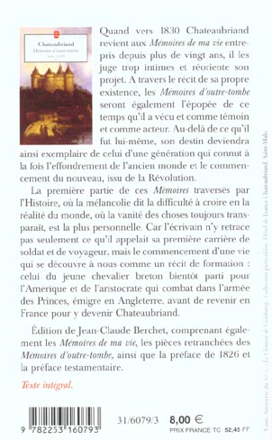 Quatrième de couverture de « MEMOIRES D'OUTRE-TOMBE - MEMOIRES D'OUTRE TOMBE (TOME 1) - LIVRES I A XII »