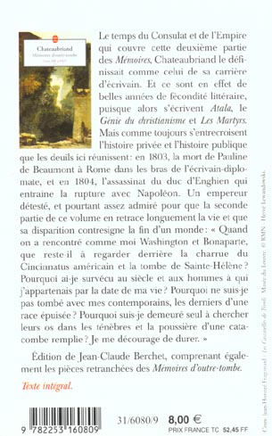 Quatrième de couverture de « MEMOIRES D'OUTRE-TOMBE (TOME 2) - LIVRES XIII A XXIV »