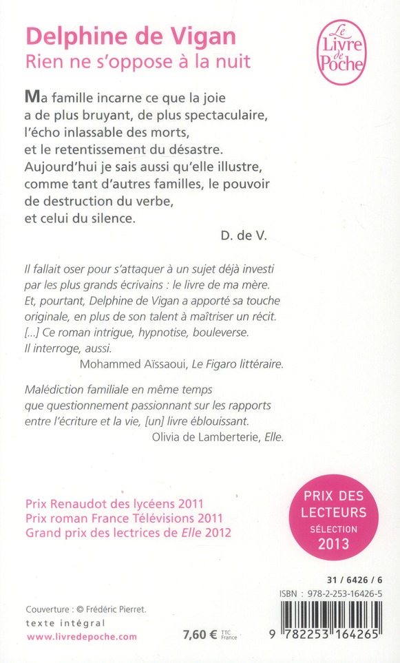 Quatrième de couverture de « RIEN NE S'OPPOSE A LA NUIT »