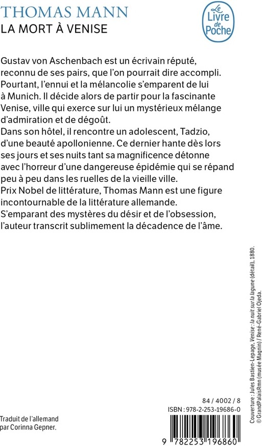 Quatrième de couverture de « La mort à Venise »