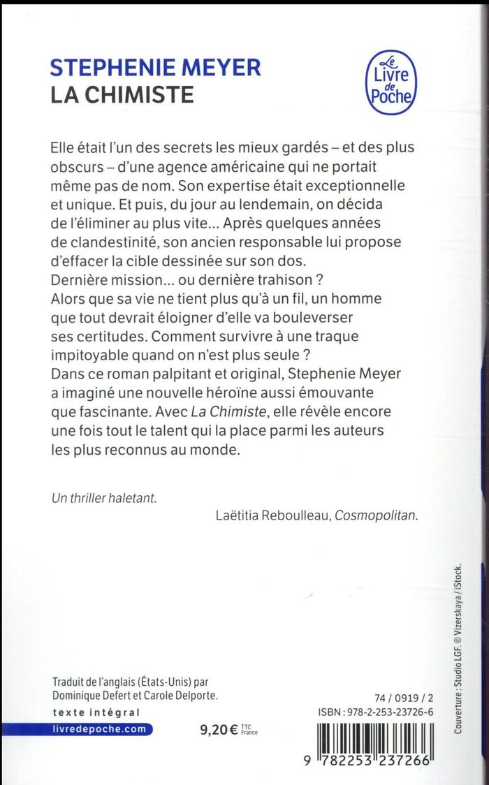 Quatrième de couverture de « La chimiste : roman »