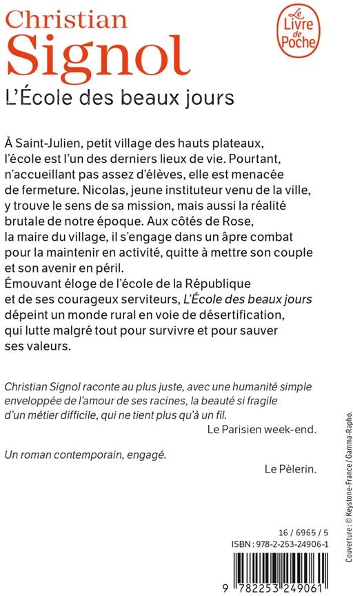 Quatrième de couverture de « L'école des beaux jours : roman »