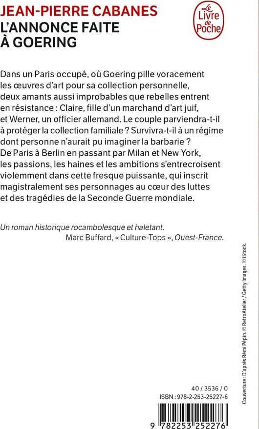 Quatrième de couverture de « L'annonce faite à Goering : roman »