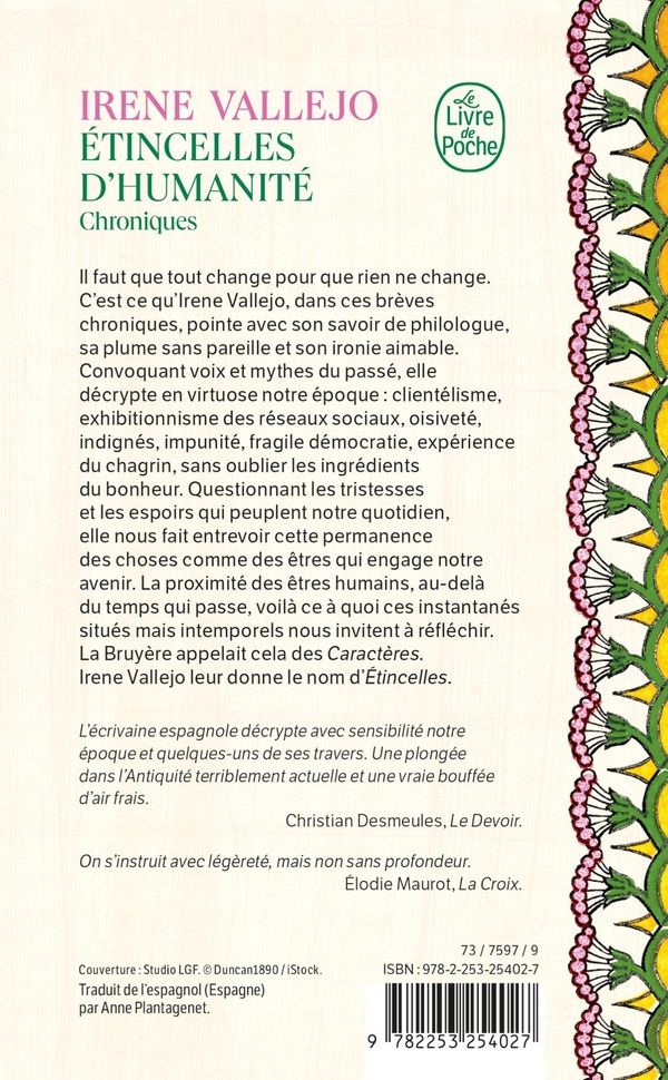 Quatrième de couverture de « Etincelles d'humanité : chroniques »
