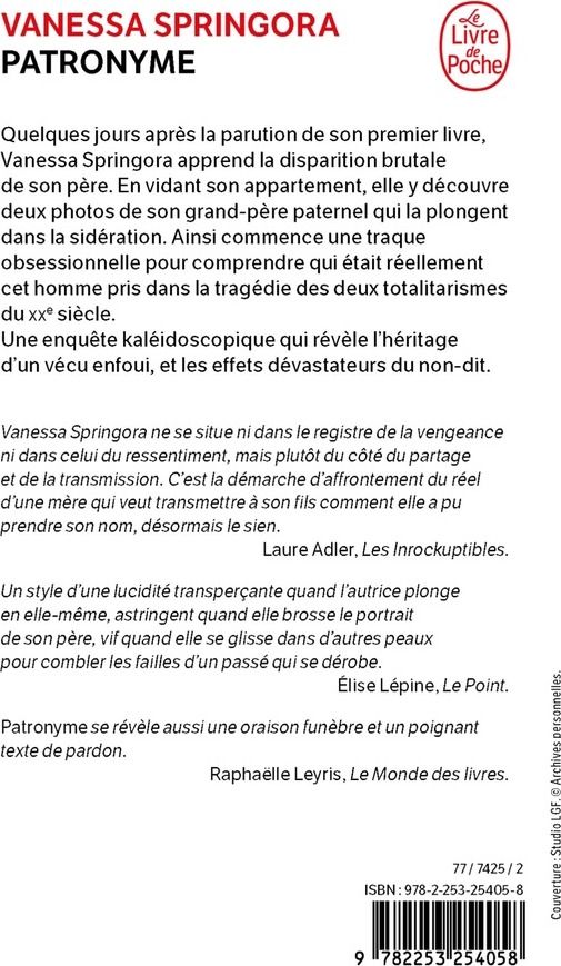 Quatrième de couverture de « Patronyme »