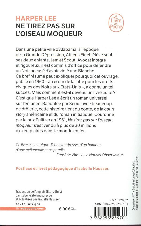 Quatrième de couverture de « Ne tirez pas sur l'oiseau moqueur : roman »