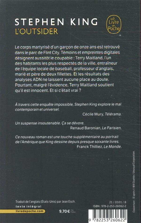 Quatrième de couverture de « L'outsider : roman »