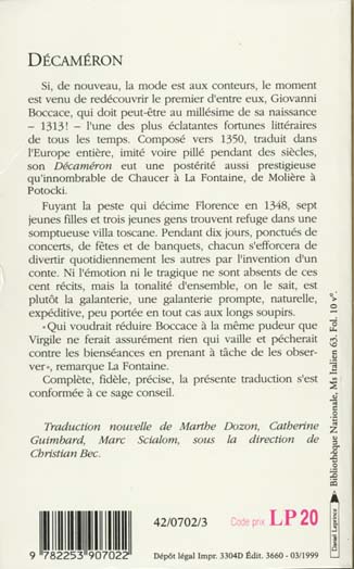 Quatrième de couverture de « DECAMERON »