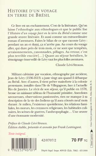 Quatrième de couverture de « HISTOIRE D'UN VOYAGE EN TERRE DE BRESIL »