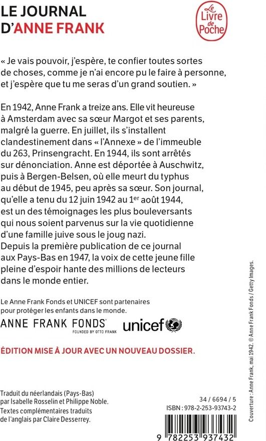 Quatrième de couverture de « LE JOURNAL D'ANNE FRANK (NOUVELLE EDITION) »