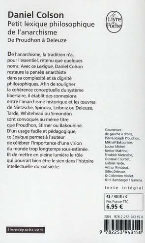 Quatrième de couverture de « PETIT LEXIQUE PHILOSOPHIQUE DE L' ANARCHISME- INEDIT - DE PROUDHON A DELEUZE »