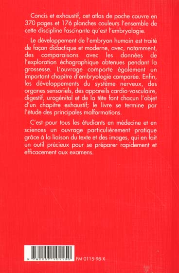 Quatrième de couverture de « ATLAS DE POCHE D'EMBRYOLOGIE »