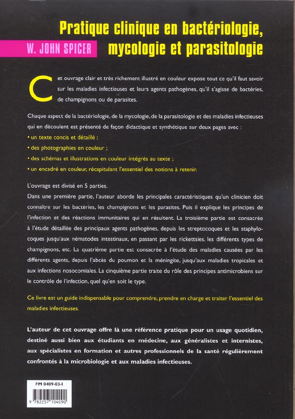 Quatrième de couverture de « PRATIQUE CLINIQUE EN BACTERIOLOGIE, MYCOLOGIE ET PARASITOLOGIE »
