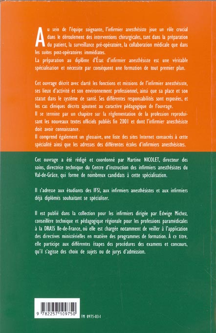 Quatrième de couverture de « L'INFIRMIER ANESTHESIQUE »