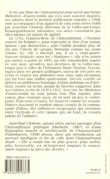 Quatrième de couverture de « LES CAHIERS DE MADAME DE CHATEAUBRIAND »