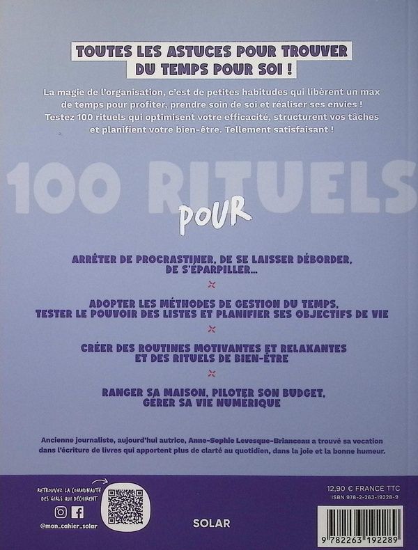 Quatrième de couverture de « MON CAHIER 100 RITUELS BIEN ORGANISEE »
