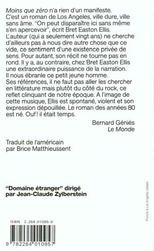 Quatrième de couverture de « MOINS QUE ZERO »