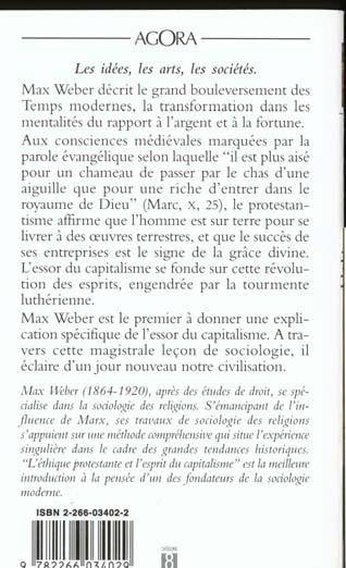 Quatrième de couverture de « L'ETHIQUE PROTESTANTE ET L'ESPRIT DU CAPITALISME »