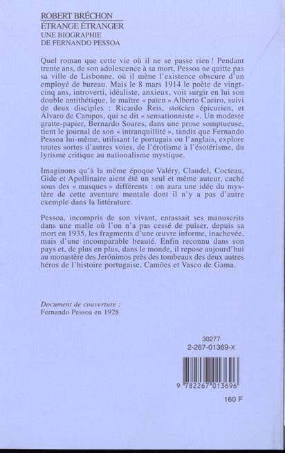 Quatrième de couverture de « "ETRANGE ETRANGER" UNE BIOGRAPHIE DE FERNANDO PESSOA »