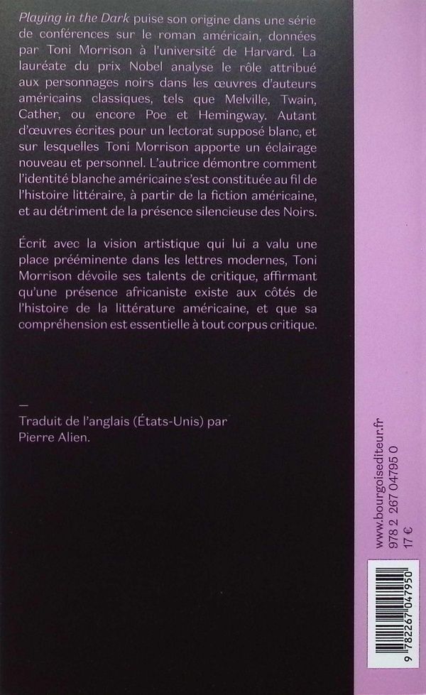 Quatrième de couverture de « Playing in the dark : blancheur et imagination littéraire »