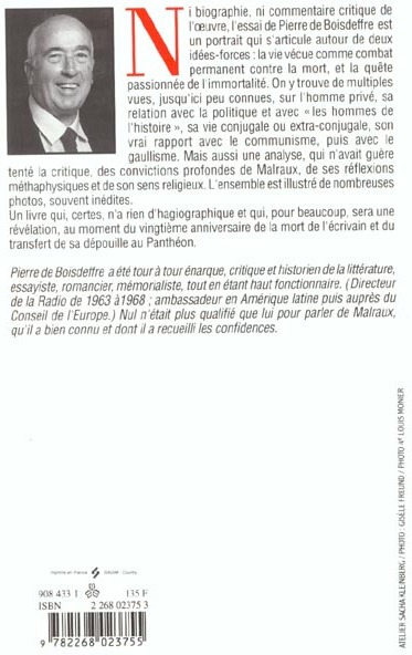 Quatrième de couverture de « ANDRE MALRAUX - LA MORT ET L'HISTOIRE »