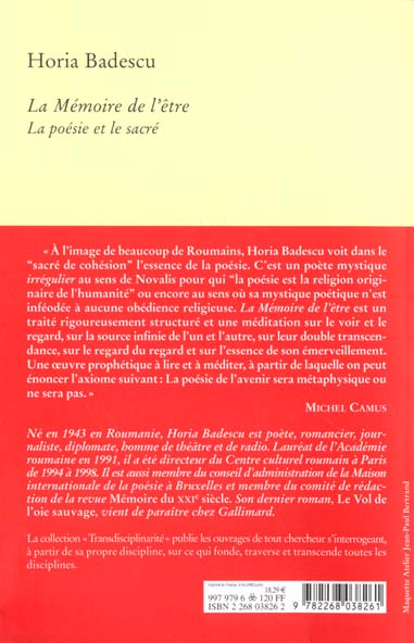 Quatrième de couverture de « LA MEMOIRE DE L'ETRE - LA POESIE ET LE SACRE »