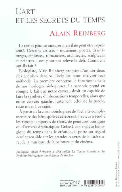 Quatrième de couverture de « L'ART ET LES SECRETS DU TEMPS - UNE APPROCHE BIOLOGIQUE »