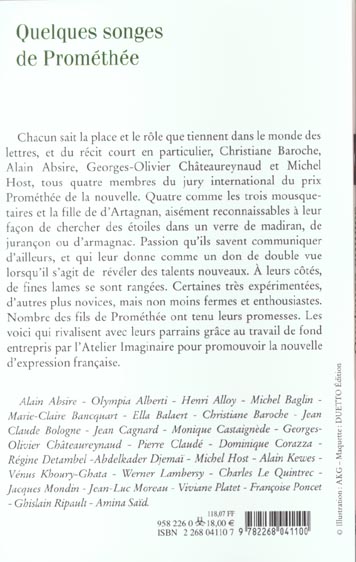 Quatrième de couverture de « QUELQUES SONGES DE PROMETHEE - L'ATELIER IMAGINAIRE »