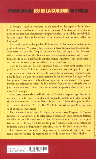Quatrième de couverture de « MEMENTO DU JEU DE LA COULEUR AU BRIDGE »