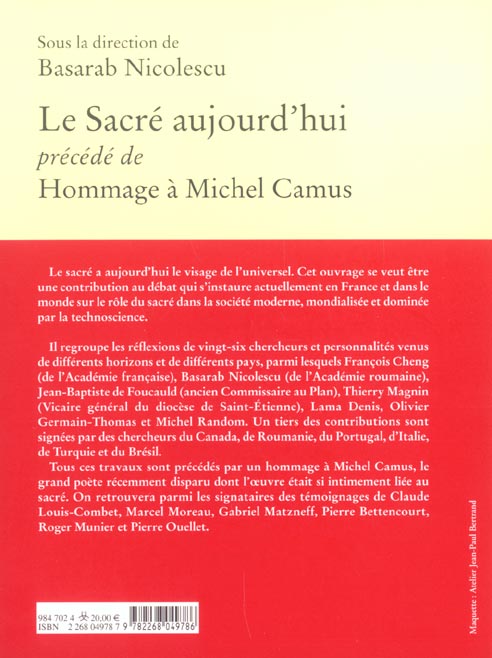 Quatrième de couverture de « LE SACRE AUJOURD'HUI - PRECEDE DE "HOMMAGE A MICHEL CAMUS" »
