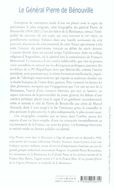 Quatrième de couverture de « LE GENERAL PIERRE DE BENOUVILLE - LE DERNIER DES PALADINS »