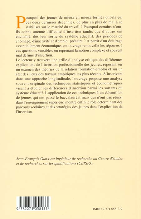Quatrième de couverture de « POUR UNE ECONOMIE DE L'INSERTION PROFESSIONNELLE DES JEUNES »