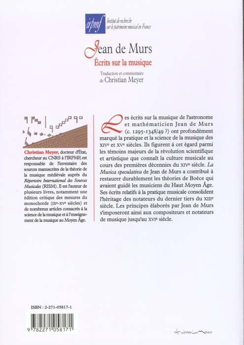 Quatrième de couverture de « JEAN DE MURS - ECRITS SUR LA MUSIQUE »