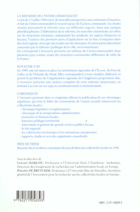 Quatrième de couverture de « ANNUAIRE 2000 DES COLLECTIVITES LOCALES »