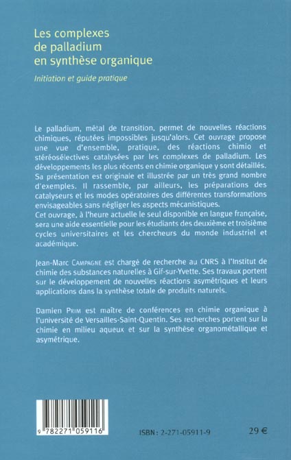 Quatrième de couverture de « COMPLEXES DE PALLADIUM EN SYNTHESE ORGANIQUE (LES) »