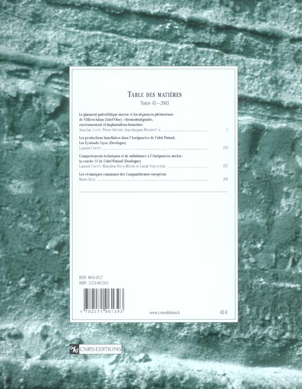 Quatrième de couverture de « GALLIA PREHISTOIRE - TOME 45 2003 »