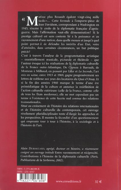 Quatrième de couverture de « ACTION ARTISTIQUE DE LA FRANCE AUX USA DE 1ERE GUERRE MONDIALE »
