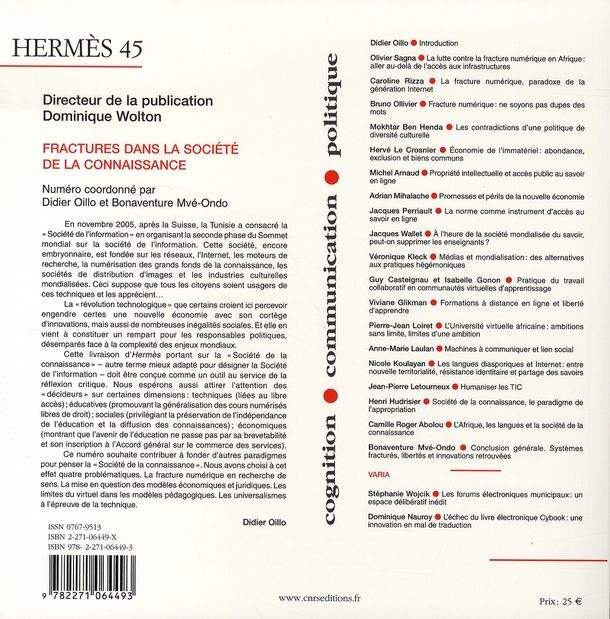 Quatrième de couverture de « HERMES 45 - FRACTURES DANS LA SOCIETE DE LA CONNAISSANCE »