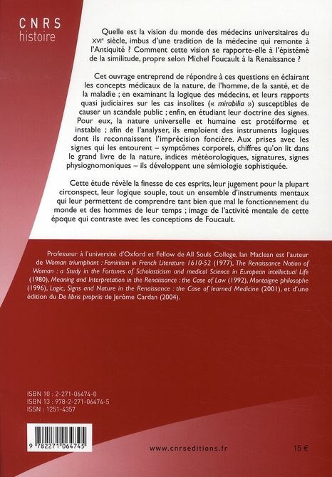 Quatrième de couverture de « LE MONDE ET LES HOMMES SELON LES MEDECINS DE LA RENAISSANCE »