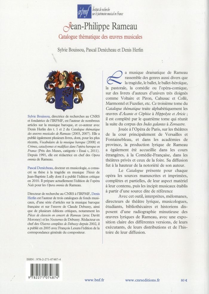 Quatrième de couverture de « JEAN-PHILIPPE RAMEAU. CATALOGUE THEMATIQUE DES OEUVRES MUSICALES - TOME 3. MUSIQUE DRAMATIQUE (1RE P »