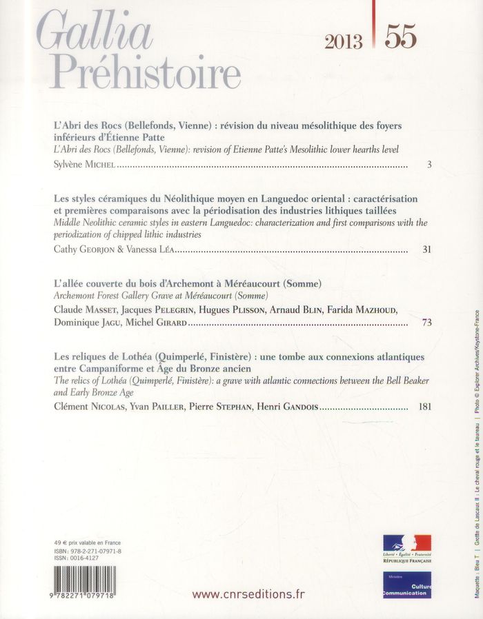Quatrième de couverture de « GALLIA PREHISTOIRE 55-2013 »