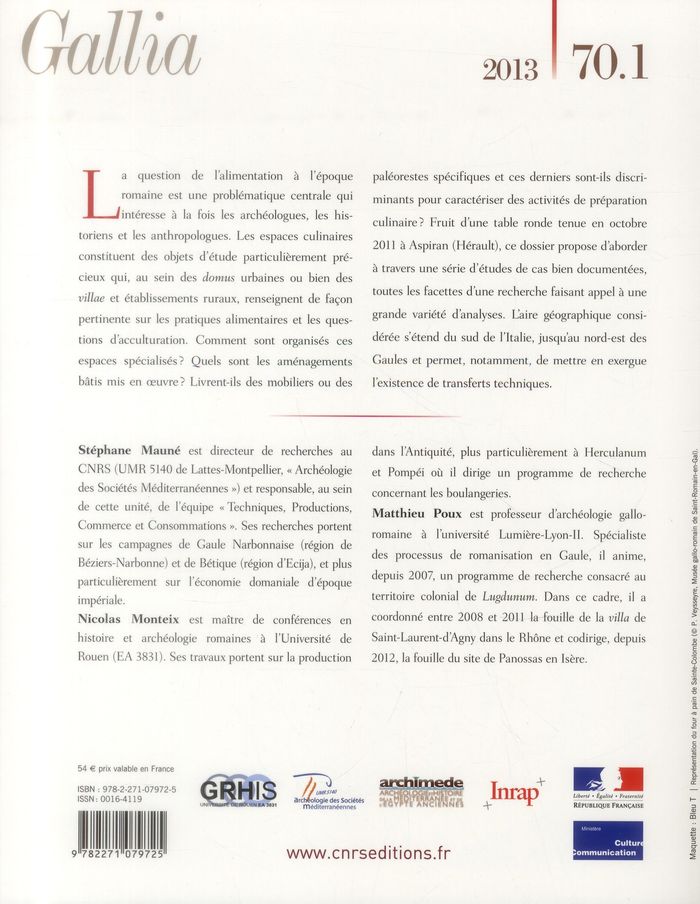 Quatrième de couverture de « GALLIA 70-1-2013 : CUISINES ET BOULANGERIES EN GAULLE ROMAINE »