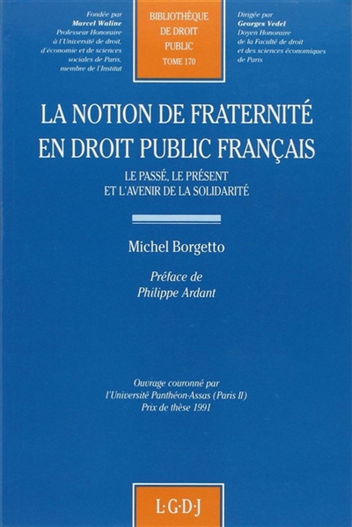 Couverture du livre « LA NOTION DE FRATERNITE EN DROIT PUBLIC FRANCAIS - VOL170 - LE PASSE, LE PRESENT ET L'AVENIR DE LA S » de Michel Borgetto, librairie Les Contes Infusés à Corte