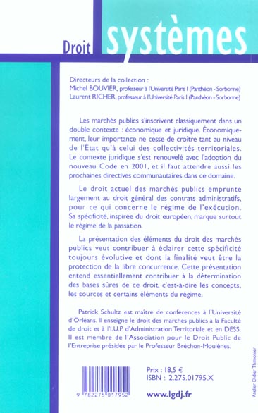 Quatrième de couverture de « ELEMENTS DU DROIT DES MARCHES PUBLICS - 2EME EDITION »