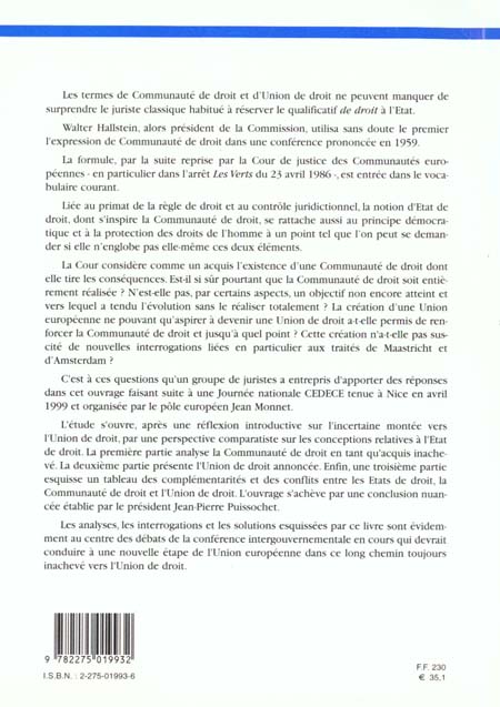 Quatrième de couverture de « DE LA COMMUNAUTE DE DROIT A L'UNION DE DROIT. CONTINUITES ET AVATARS EUROPEENS »