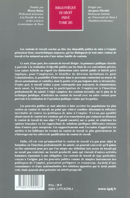 Quatrième de couverture de « LES CONTRATS DE TRAVAIL CONCLUS AU TITRE DES DISPOSITIFS PUBLICS DE MISE A L'EMP - VOL385 »