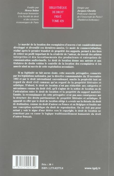 Quatrième de couverture de « LE DROIT DE LOCATION DES AUTEURS ET DES TITULAIRES DE DROITS VOISINS - VOL429 »