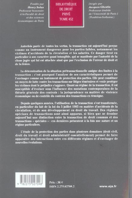 Quatrième de couverture de « TRANSACTION ET PROTECTION DES PARTIES - VOL452 »