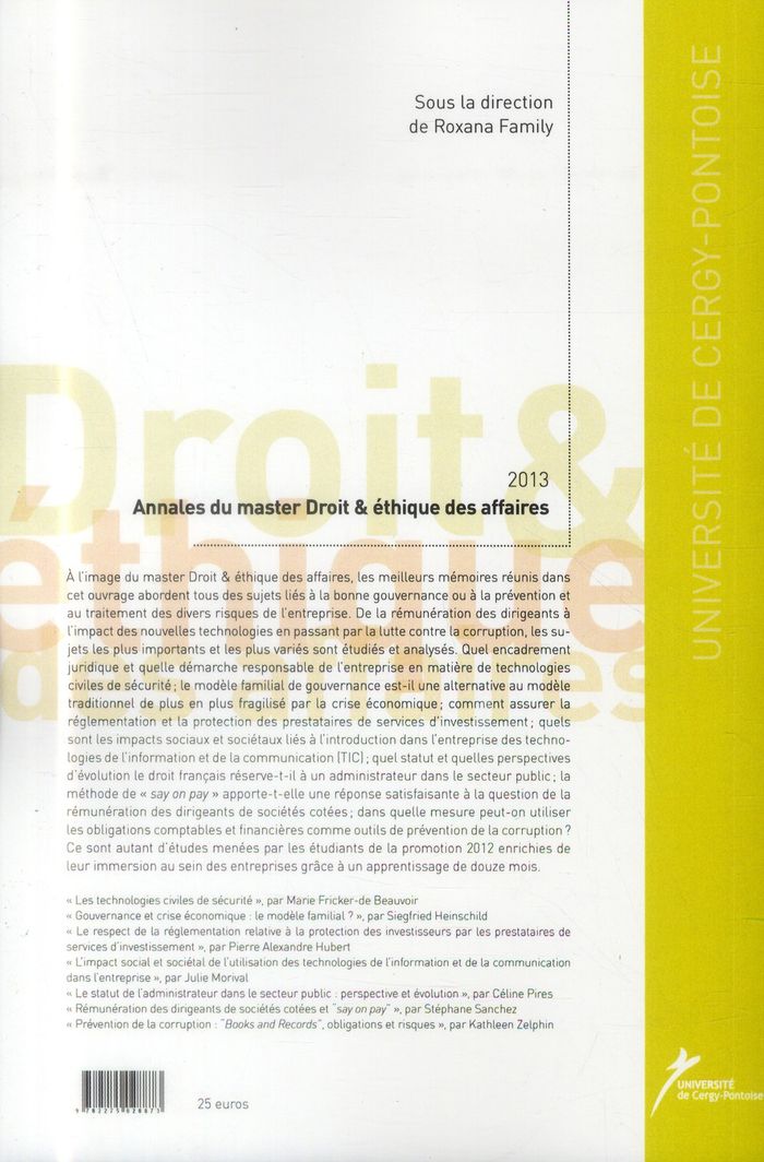 Quatrième de couverture de « ANNALES DU MASTER DROIT ET ETHIQUE DES AFFAIRES 2013 »